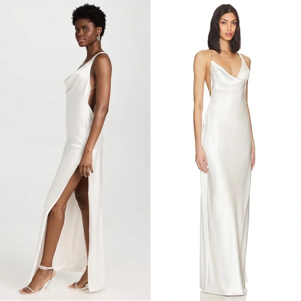 NWT RETROFETE Satin Asymmetric Crystal Chain Strap Draped Neck Open Back Gown S - Picture 2 of 13